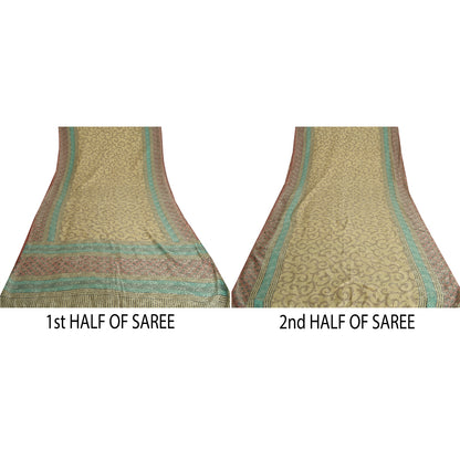 Sanskriti Vintage Sarees Cremefarvede Sari i Ren Georgette Silke Trykt 5 m Håndværksmæssigt Bæredygtigt Stoff