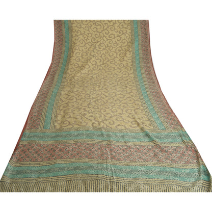 Sanskriti Vintage Sarees Cremefarvede Sari i Ren Georgette Silke Trykt 5 m Håndværksmæssigt Bæredygtigt Stoff