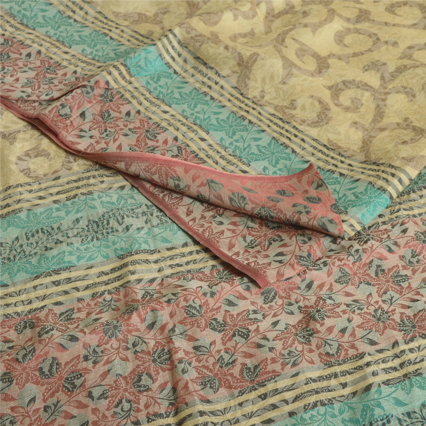 Sanskriti Vintage Sarees Cremefarvede Sari i Ren Georgette Silke Trykt 5 m Håndværksmæssigt Bæredygtigt Stoff