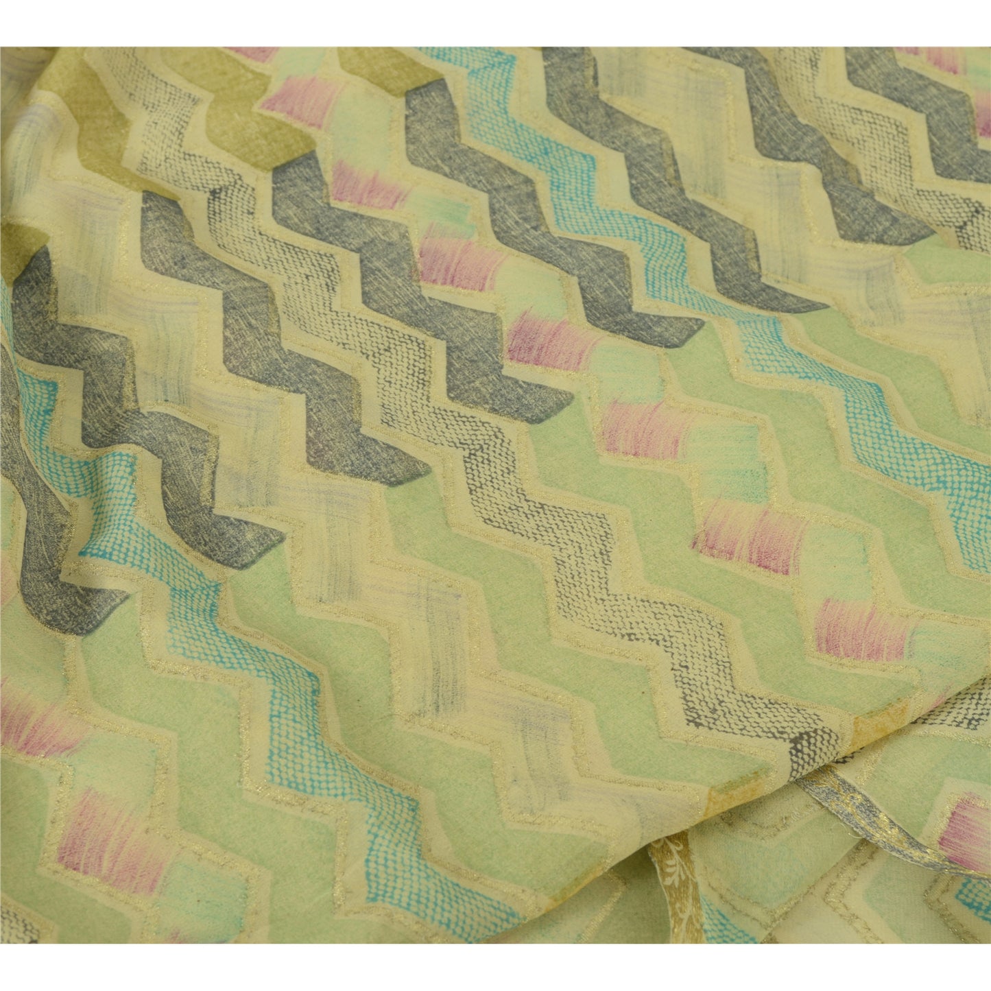 Сари Sanskriti Vintage Green Blend Georgette Print/Woven Sari 5yd Craft Sustainable Fabric