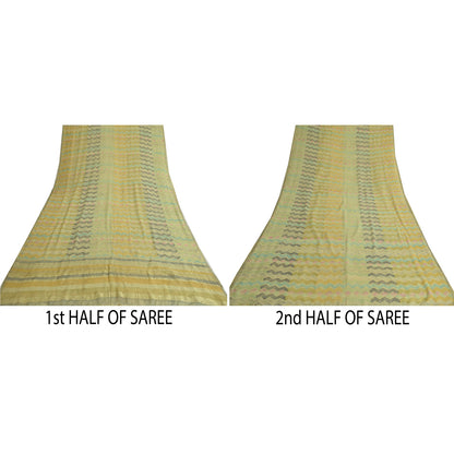 Сари Sanskriti Vintage Green Blend Georgette Print/Woven Sari 5yd Craft Sustainable Fabric