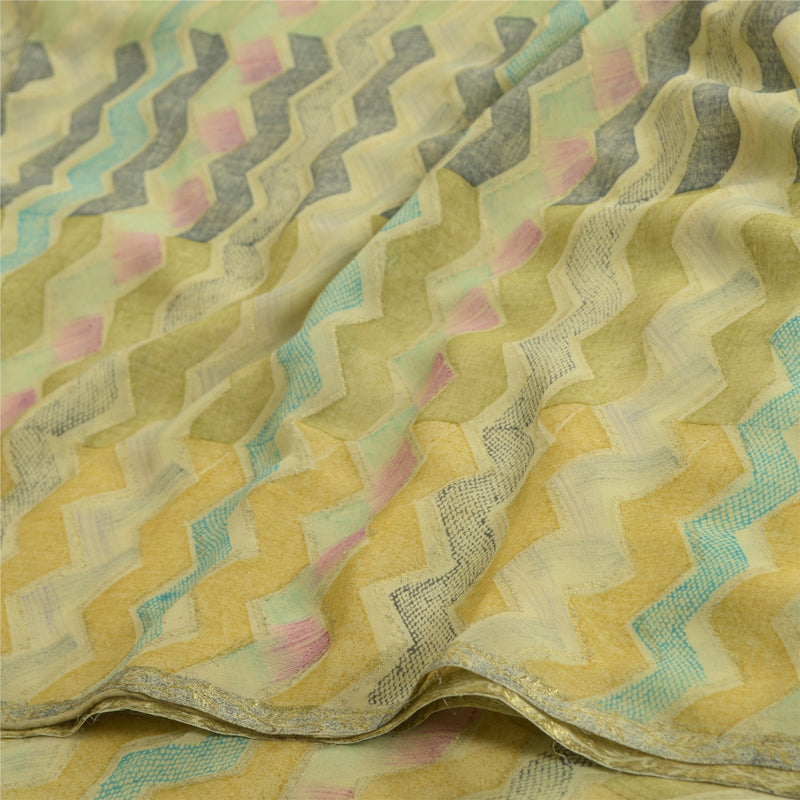 Сари Sanskriti Vintage Green Blend Georgette Print/Woven Sari 5yd Craft Sustainable Fabric