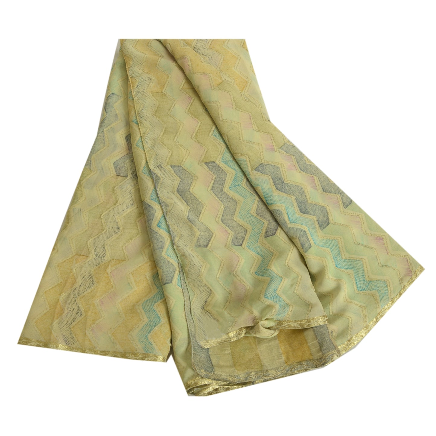 Сари Sanskriti Vintage Green Blend Georgette Print/Woven Sari 5yd Craft Sustainable Fabric