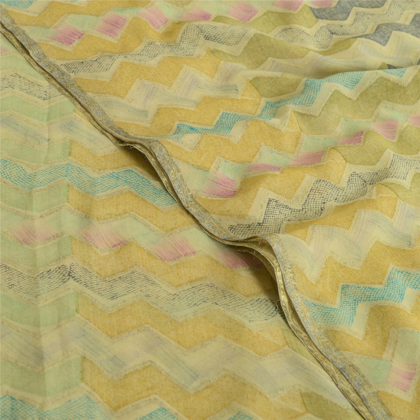 Сари Sanskriti Vintage Green Blend Georgette Print/Woven Sari 5yd Craft Sustainable Fabric