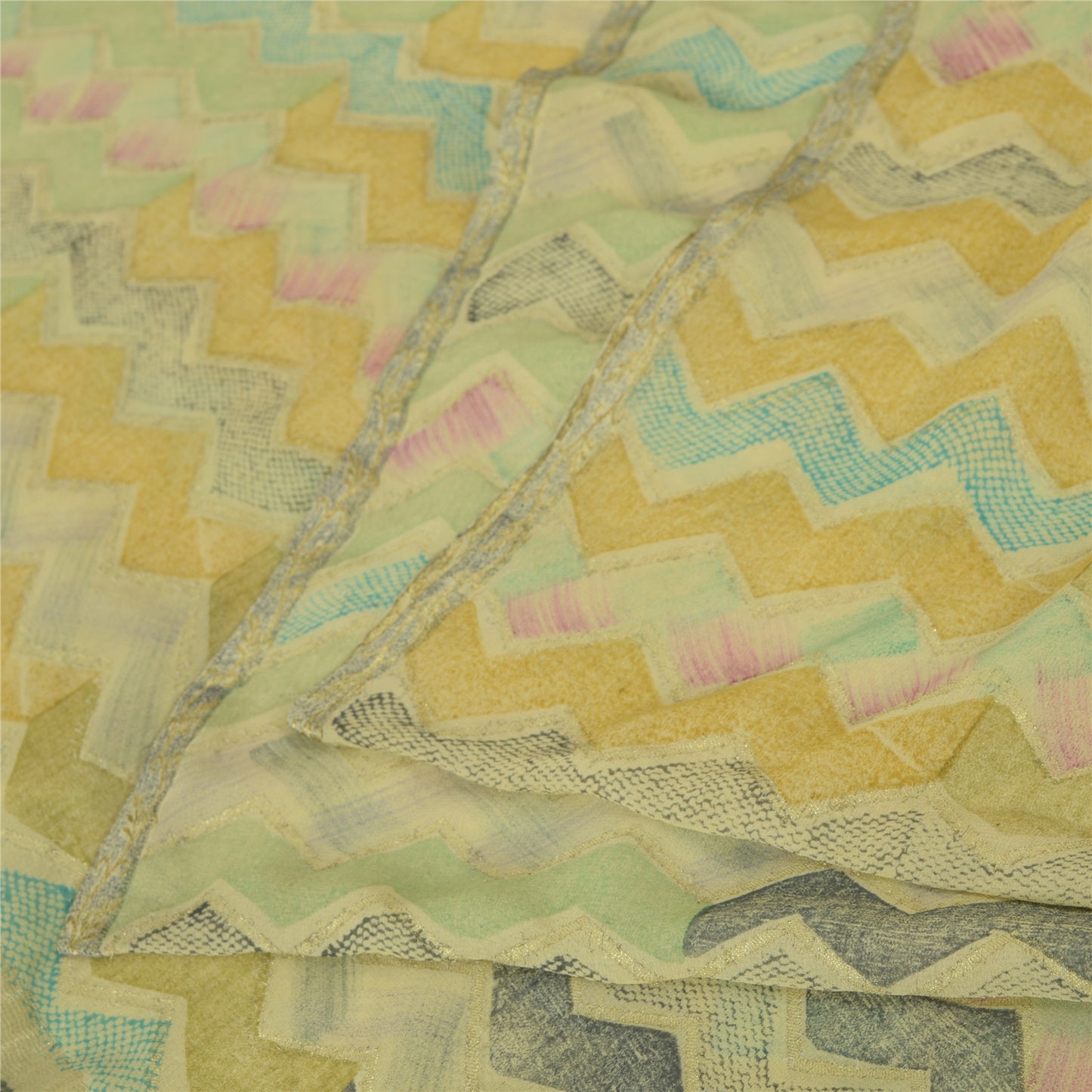 Сари Sanskriti Vintage Green Blend Georgette Print/Woven Sari 5yd Craft Sustainable Fabric