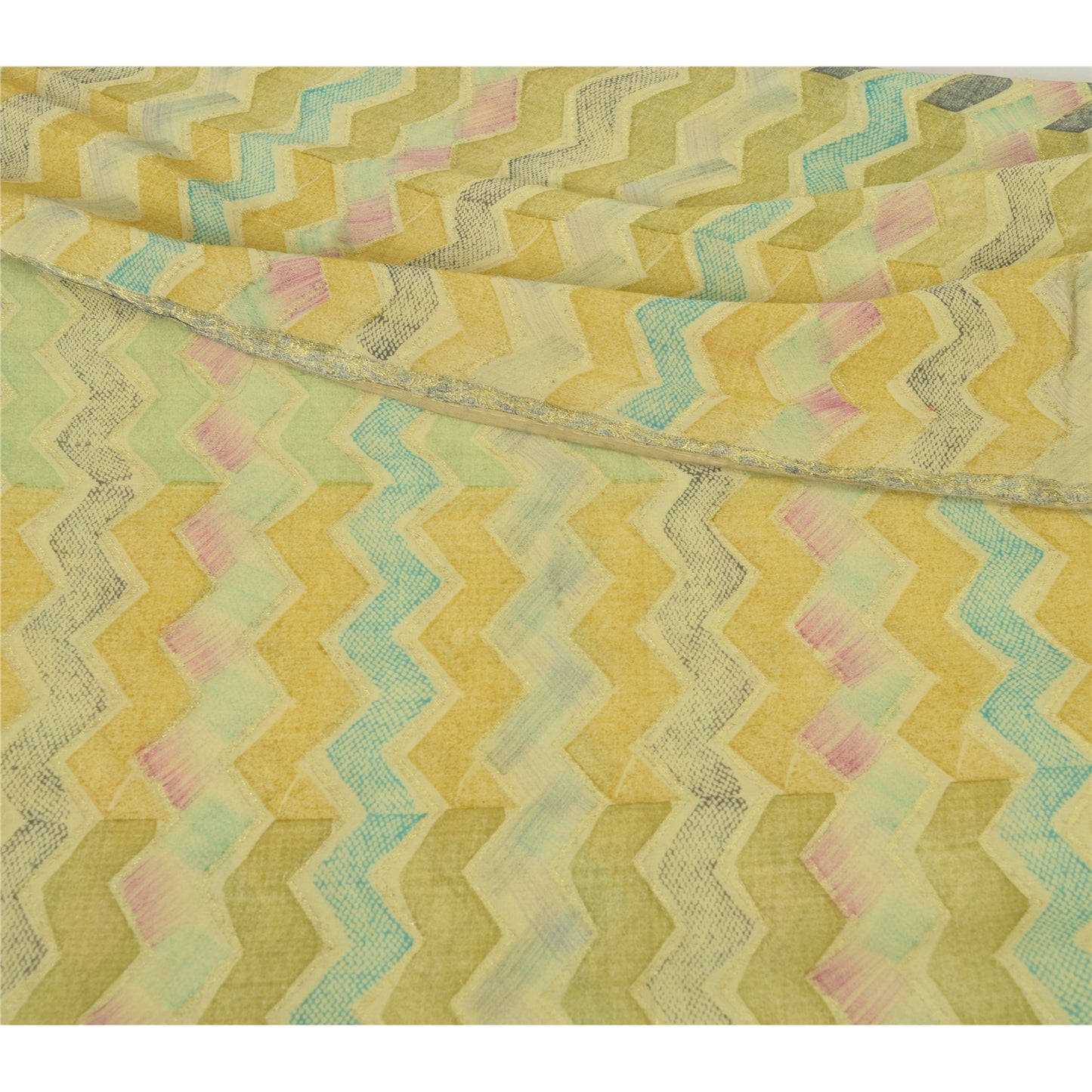 Сари Sanskriti Vintage Green Blend Georgette Print/Woven Sari 5yd Craft Sustainable Fabric