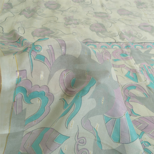 Sanskriti Vintage Sarees Ivory Pure Georgette Silk Printed Sari 6yd Craft Sustainable Fabric