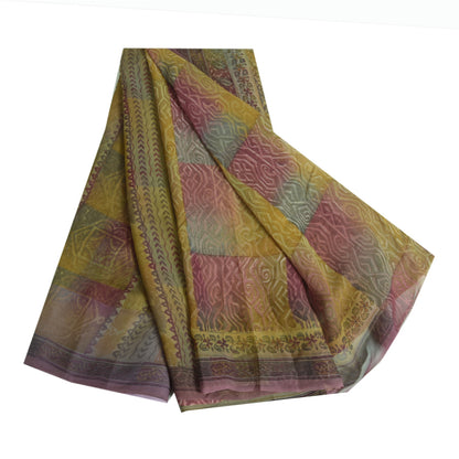 Sanskriti Vintage Sarees Multi Pure Georgette Silk Printed Sari 5yd Craft Sustainable Fabric