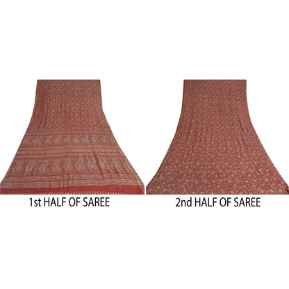 Санскритские винтажные сари из красного чистого шелка-жоржета с принтом 5 ярдов ткань для рукоделия из экологически чистой ткани