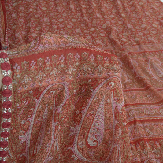 Sanskriti Vintage Sarees Red Pure Georgette Silk Printed Sari 5yd Craft Sustainable Fabric