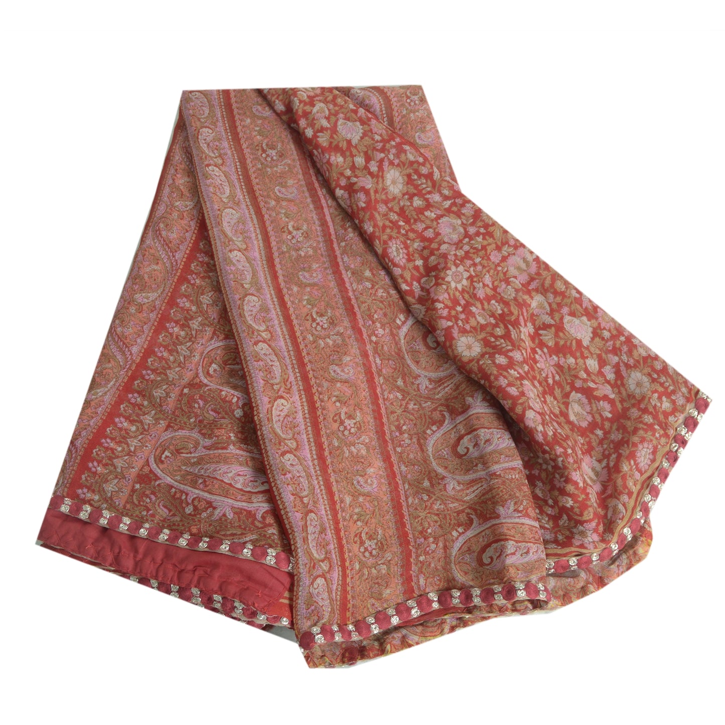 Санскритские винтажные сари из красного чистого шелка-жоржета с принтом 5 ярдов ткань для рукоделия из экологически чистой ткани