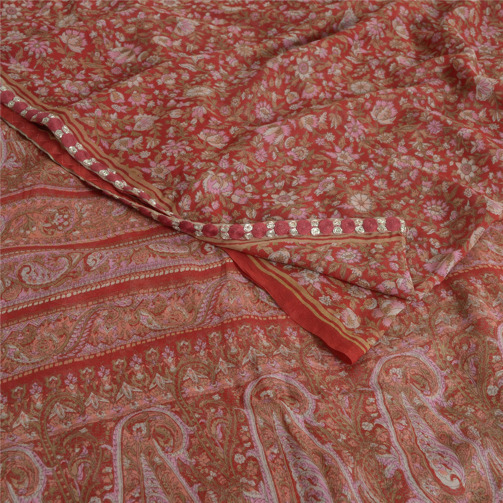 Санскритские винтажные сари из красного чистого шелка-жоржета с принтом 5 ярдов ткань для рукоделия из экологически чистой ткани