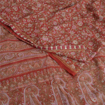 Санскритские винтажные сари из красного чистого шелка-жоржета с принтом 5 ярдов ткань для рукоделия из экологически чистой ткани