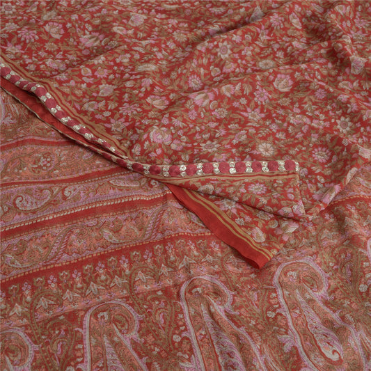 Sanskriti Vintage Sarees Red Pure Georgette Silk Printed Sari 5yd Craft Sustainable Fabric