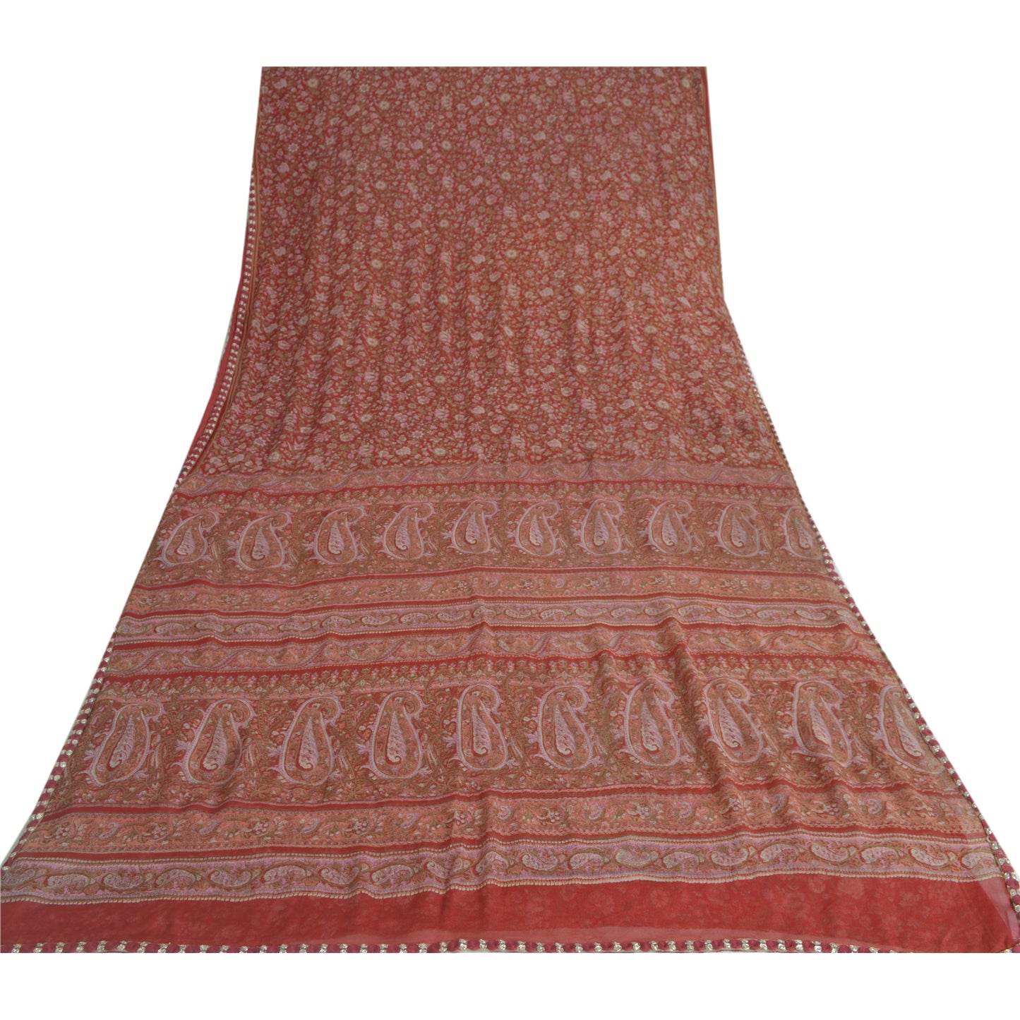 Санскритские винтажные сари из красного чистого шелка-жоржета с принтом 5 ярдов ткань для рукоделия из экологически чистой ткани