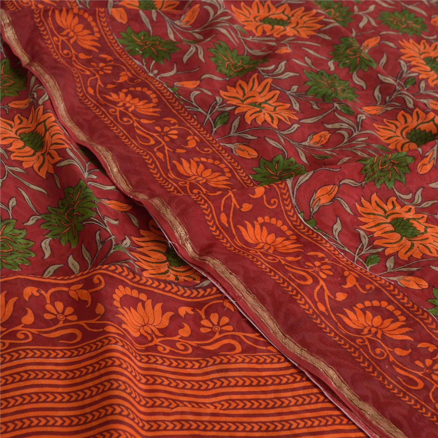 Sanskriti Vintage Sarees Dark-Red Pure Georgette Silk Printed Sari Craft Sustainable Fabric