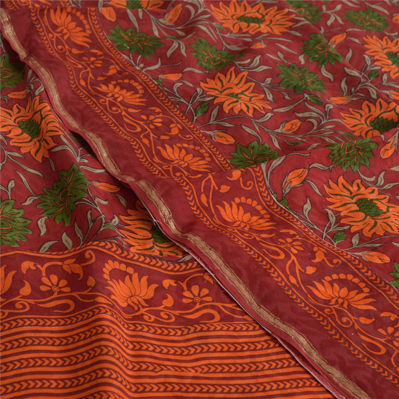 Sanskriti Vintage Sarees Mørkerøde Ren Georgette Silke Trykt Sari Håndværksmæssigt Bæredygtigt Stoff