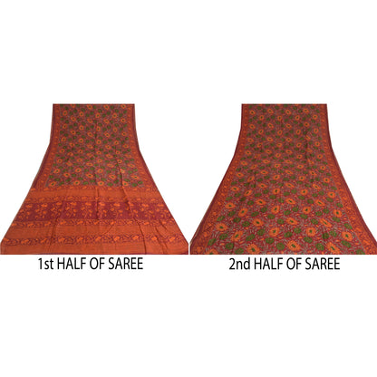 Sanskriti Vintage Sarees Dark-Red Pure Georgette Silk Printed Sari Craft Sustainable Fabric