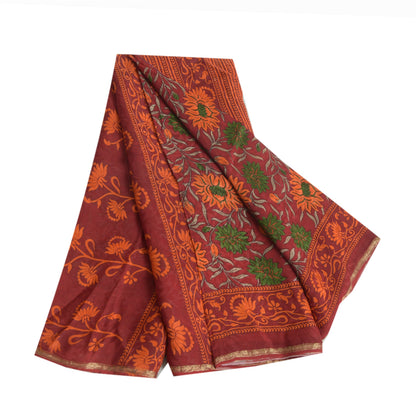 Sanskriti Vintage Sarees Dark-Red Pure Georgette Silk Printed Sari Craft Sustainable Fabric