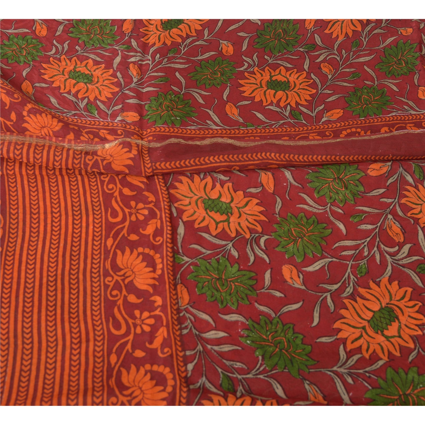 Sanskriti Vintage Sarees Dark-Red Pure Georgette Silk Printed Sari Craft Sustainable Fabric