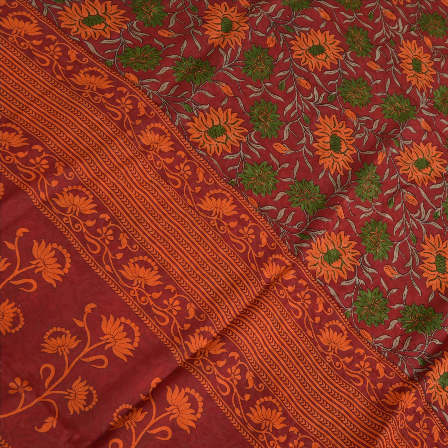 Sanskriti Vintage Sarees Dark-Red Pure Georgette Silk Printed Sari Craft Sustainable Fabric