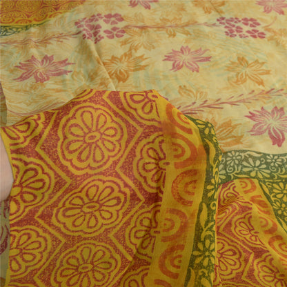 Sanskriti Vintage Sarees Pale-Yellow Pure Georgette Printed Sari Craft Sustainable Fabric