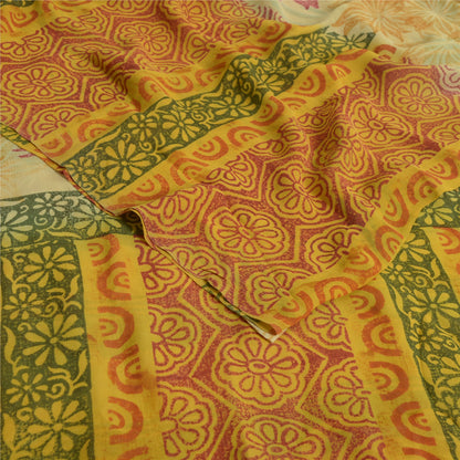 Sanskriti Vintage Sarees Pale-Yellow Pure Georgette Printed Sari Craft Sustainable Fabric