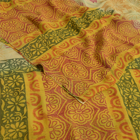 Sanskriti Vintage Sarees Pale-Yellow Pure Georgette Printed Sari Craft Sustainable Fabric