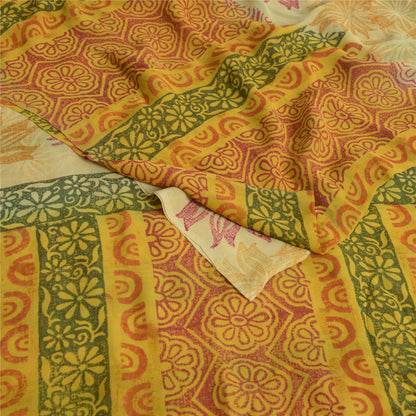 Sanskriti Vintage Sarees Pale-Yellow Pure Georgette Printed Sari Craft Sustainable Fabric