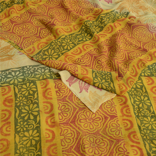 Sanskriti Vintage Sarees Pale-Yellow Pure Georgette Printed Sari Craft Sustainable Fabric