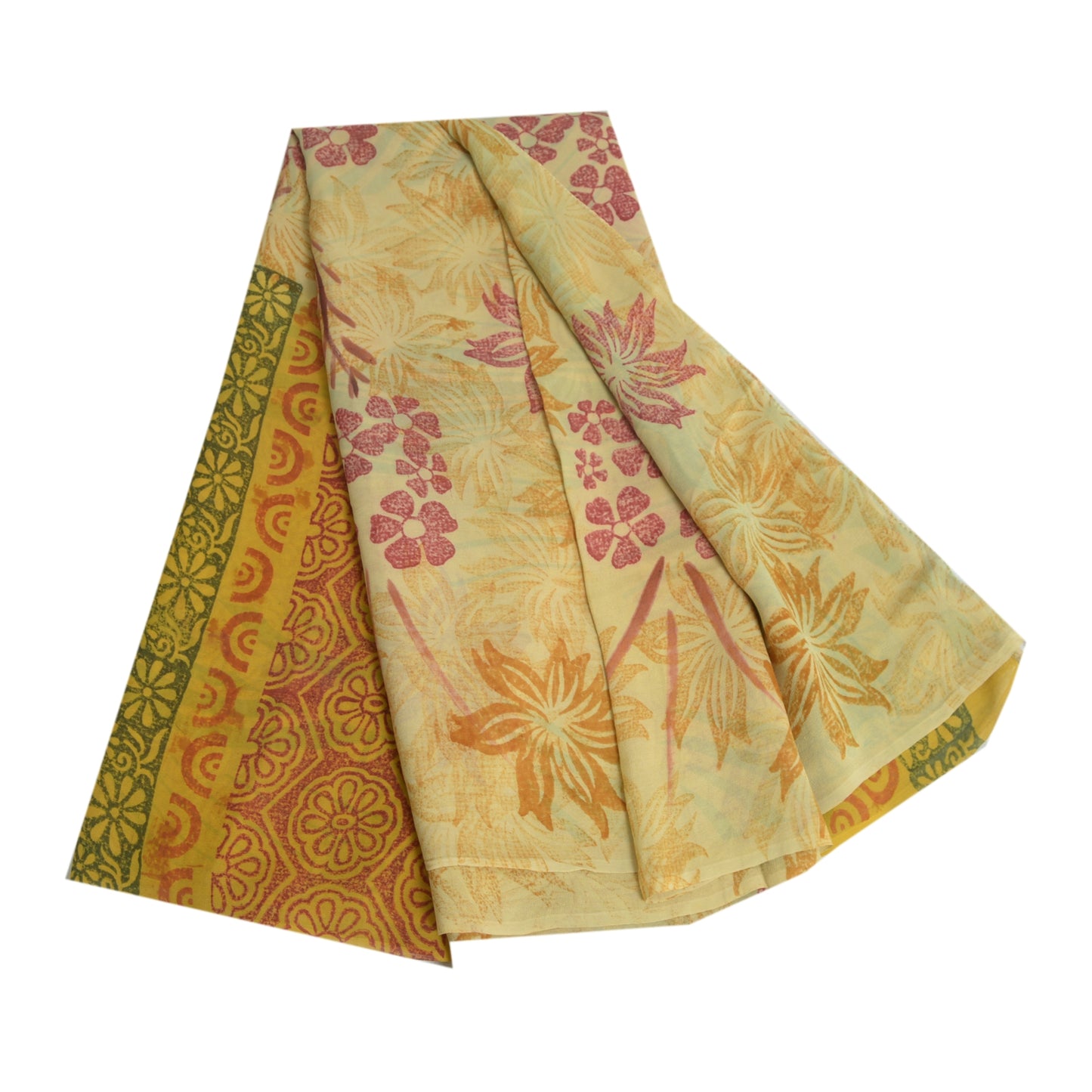 Sanskriti Vintage Sarees Pale-Yellow Pure Georgette Printed Sari Craft Sustainable Fabric