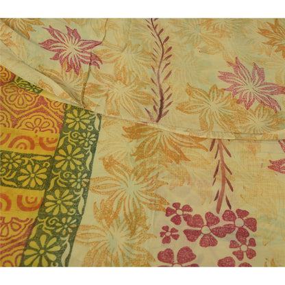Sanskriti Vintage Sarees Pale-Yellow Pure Georgette Printed Sari Craft Sustainable Fabric