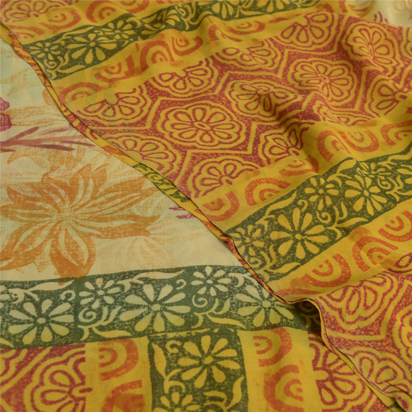 Sanskriti Vintage Sarees Pale-Yellow Pure Georgette Printed Sari Craft Sustainable Fabric