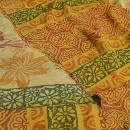 Sanskriti Vintage Sarees Pale-Yellow Pure Georgette Printed Sari Craft Sustainable Fabric