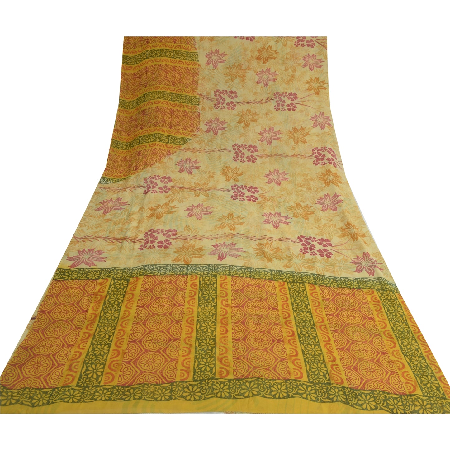 Sanskriti Vintage Sarees Pale-Yellow Pure Georgette Printed Sari Craft Sustainable Fabric