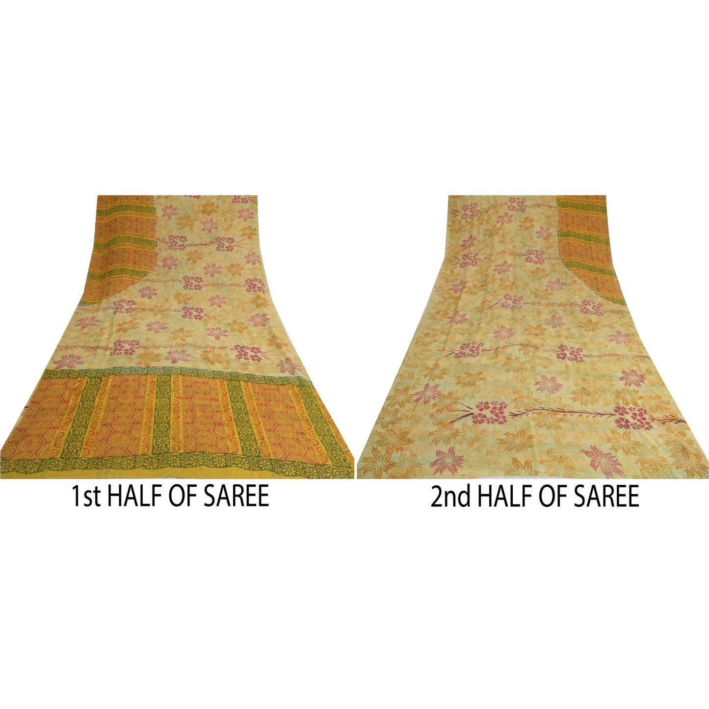 Sanskriti Vintage Sarees Pale-Yellow Pure Georgette Printed Sari Craft Sustainable Fabric