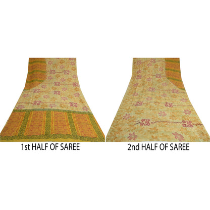 Sanskriti Vintage Sarees Pale-Yellow Pure Georgette Printed Sari Craft Sustainable Fabric