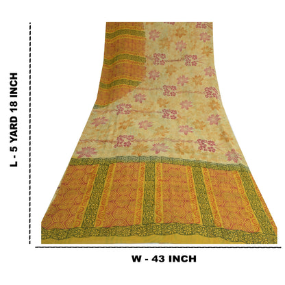 Sanskriti Vintage Sarees Pale-Yellow Pure Georgette Printed Sari Craft Sustainable Fabric