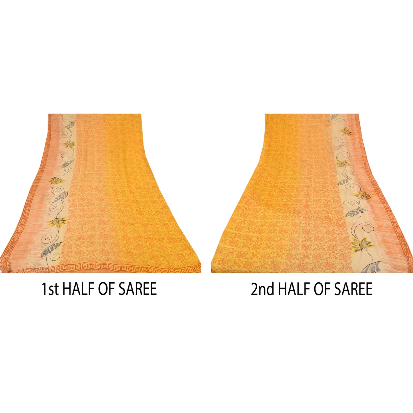 Sanskriti Vintage Sarees Yellow Pure Georgette Silk Printed Sari Craft Sustainable Fabric