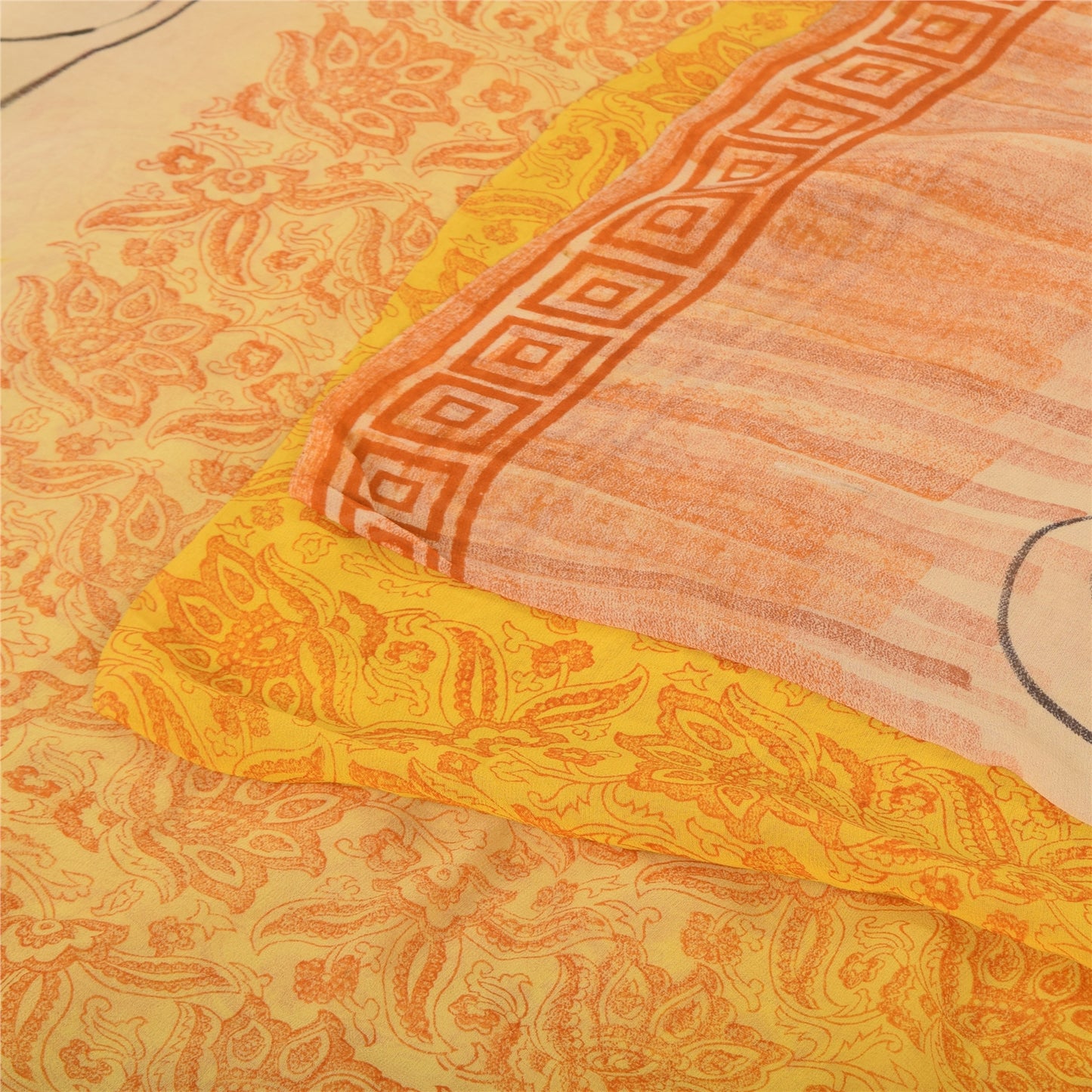Sanskriti Vintage Sarees Yellow Pure Georgette Silk Printed Sari Craft Sustainable Fabric
