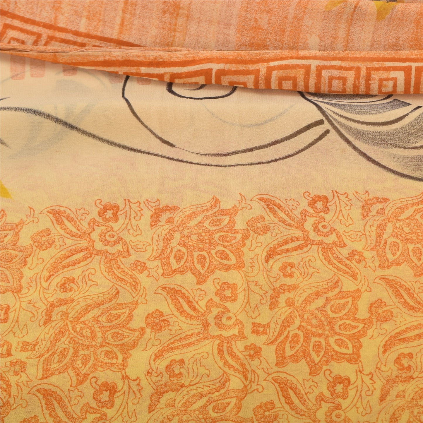 Sanskriti Vintage Sarees Yellow Pure Georgette Silk Printed Sari Craft Sustainable Fabric