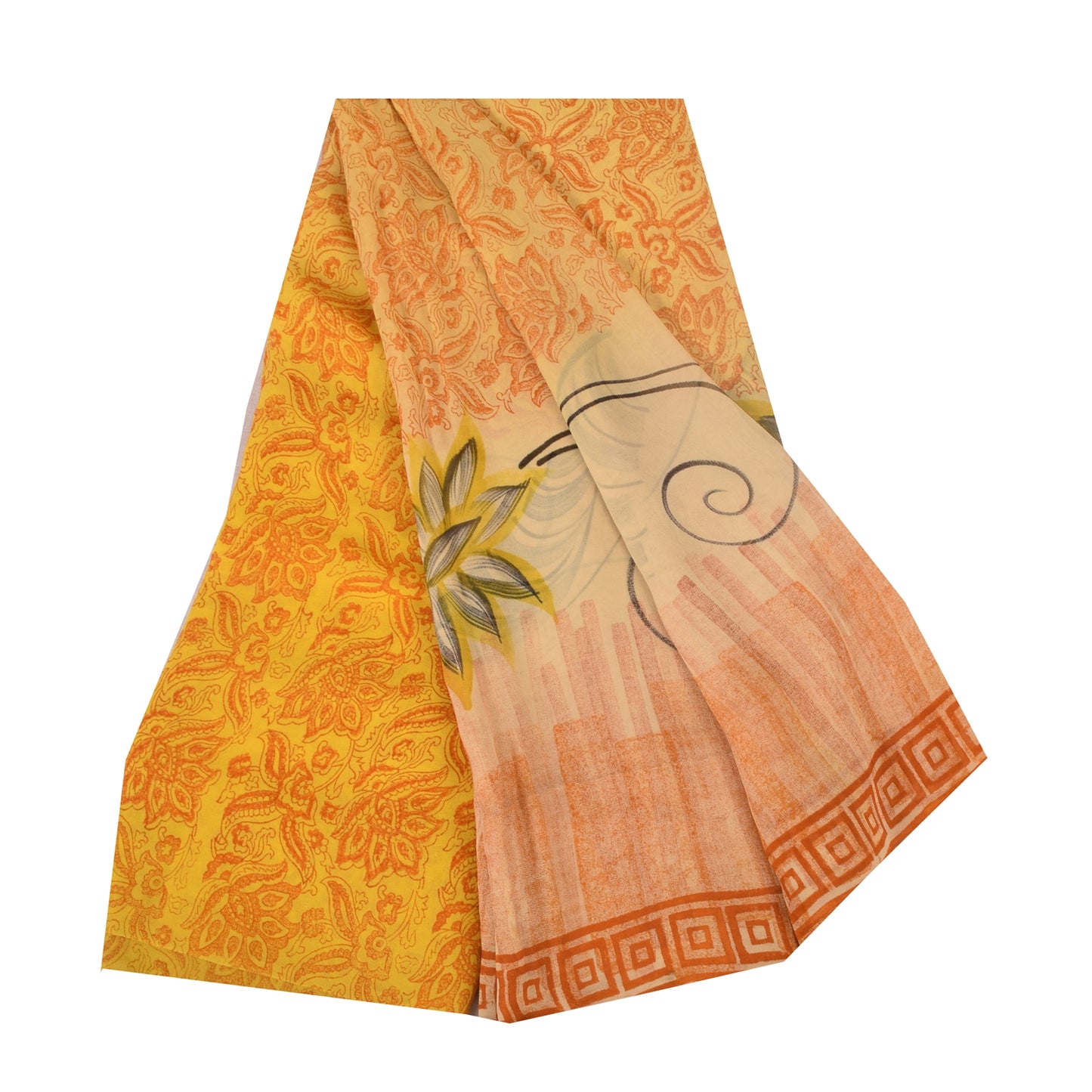 Sanskriti Vintage Sarees Yellow Pure Georgette Silk Printed Sari Craft Sustainable Fabric