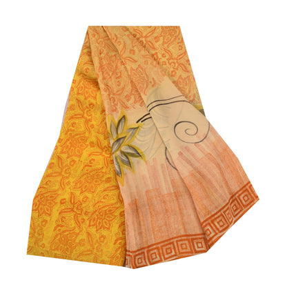 Sanskriti Vintage Sarees Yellow Pure Georgette Silk Printed Sari Craft Sustainable Fabric