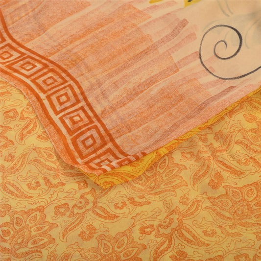 Sanskriti Vintage Sarees Yellow Pure Georgette Silk Printed Sari Craft Sustainable Fabric