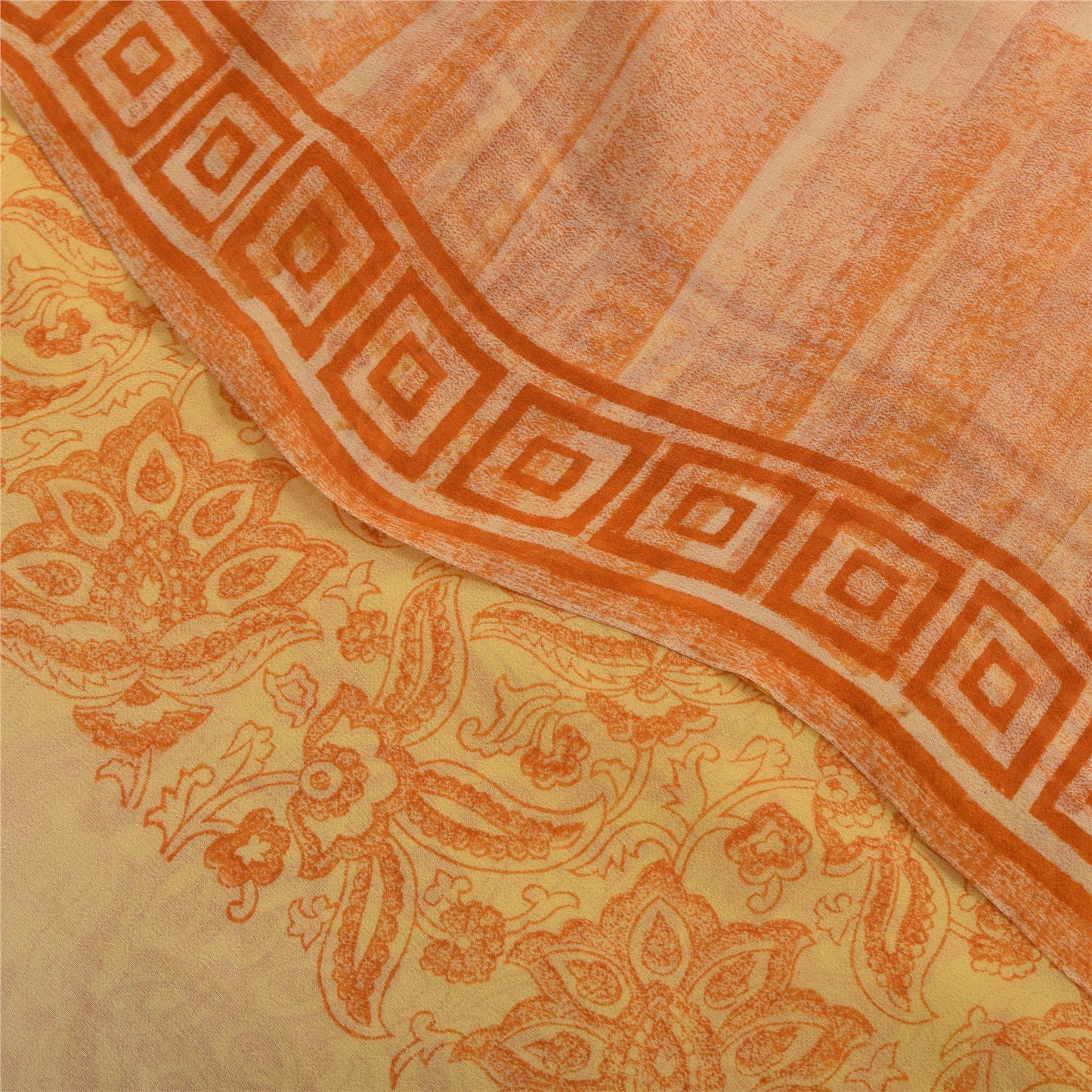Sanskriti Vintage Sarees Yellow Pure Georgette Silk Printed Sari Craft Sustainable Fabric