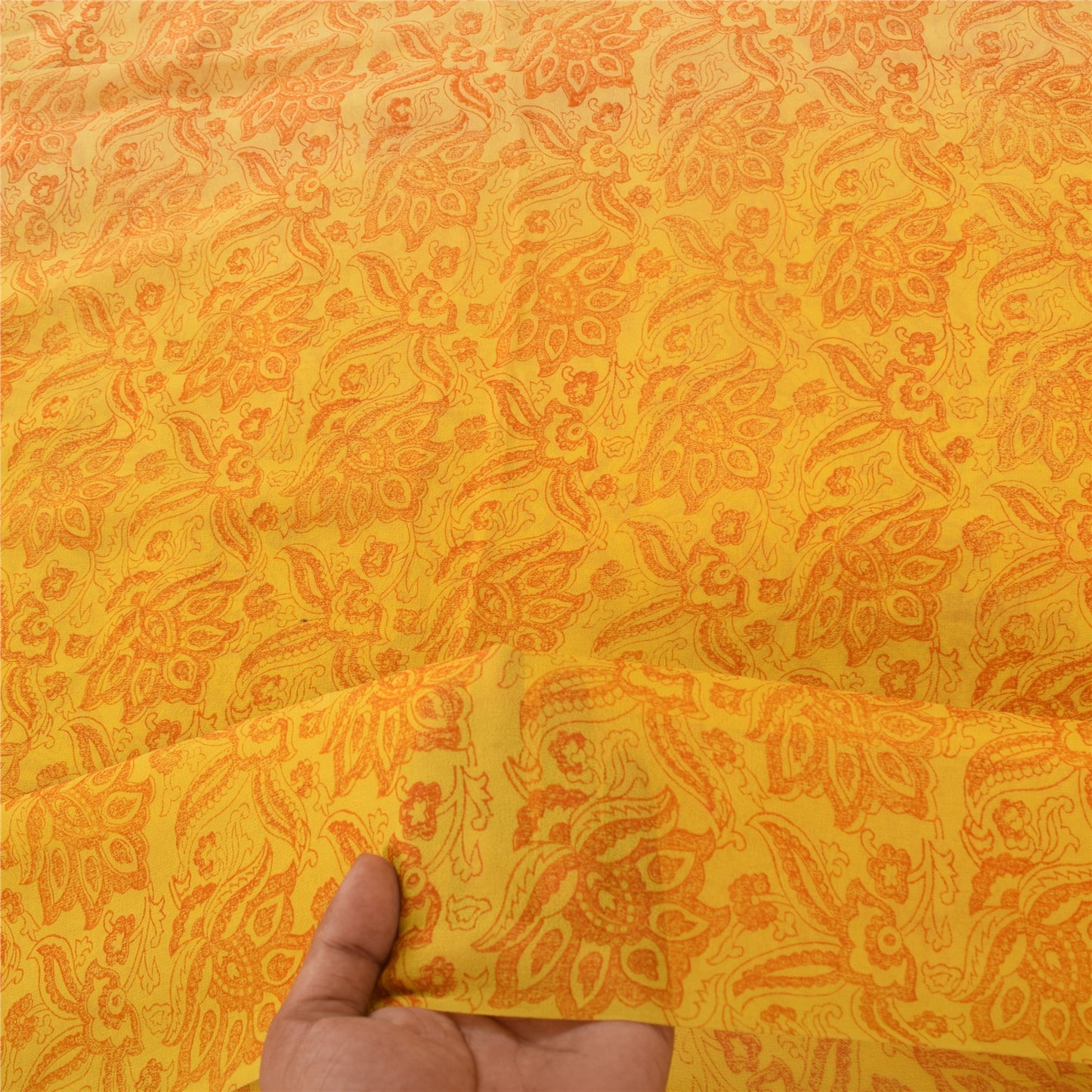 Sanskriti Vintage Sarees Yellow Pure Georgette Silk Printed Sari Craft Sustainable Fabric
