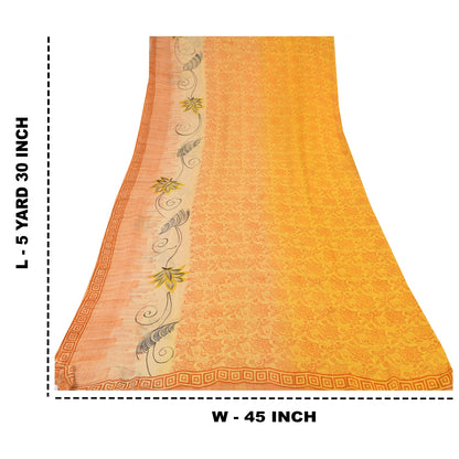 Sanskriti Vintage Sarees Yellow Pure Georgette Silk Printed Sari Craft Sustainable Fabric
