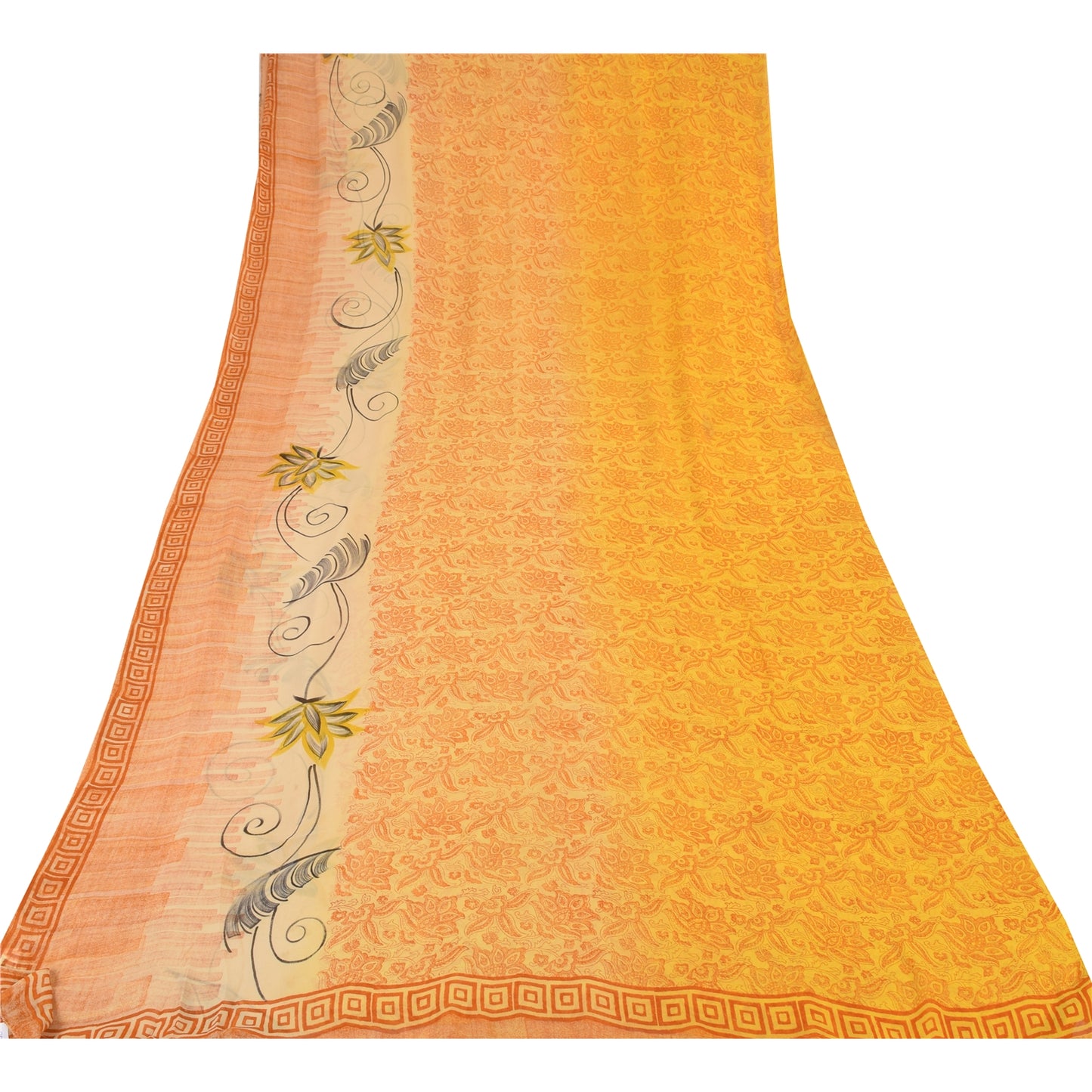 Sanskriti Vintage Sarees Yellow Pure Georgette Silk Printed Sari Craft Sustainable Fabric