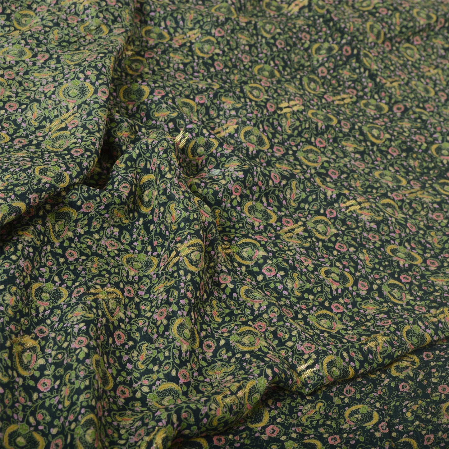 Sanskriti Vintage Sarees Dark Green Pure Georgette Silk Print Sari Craft Sustainable Fabric