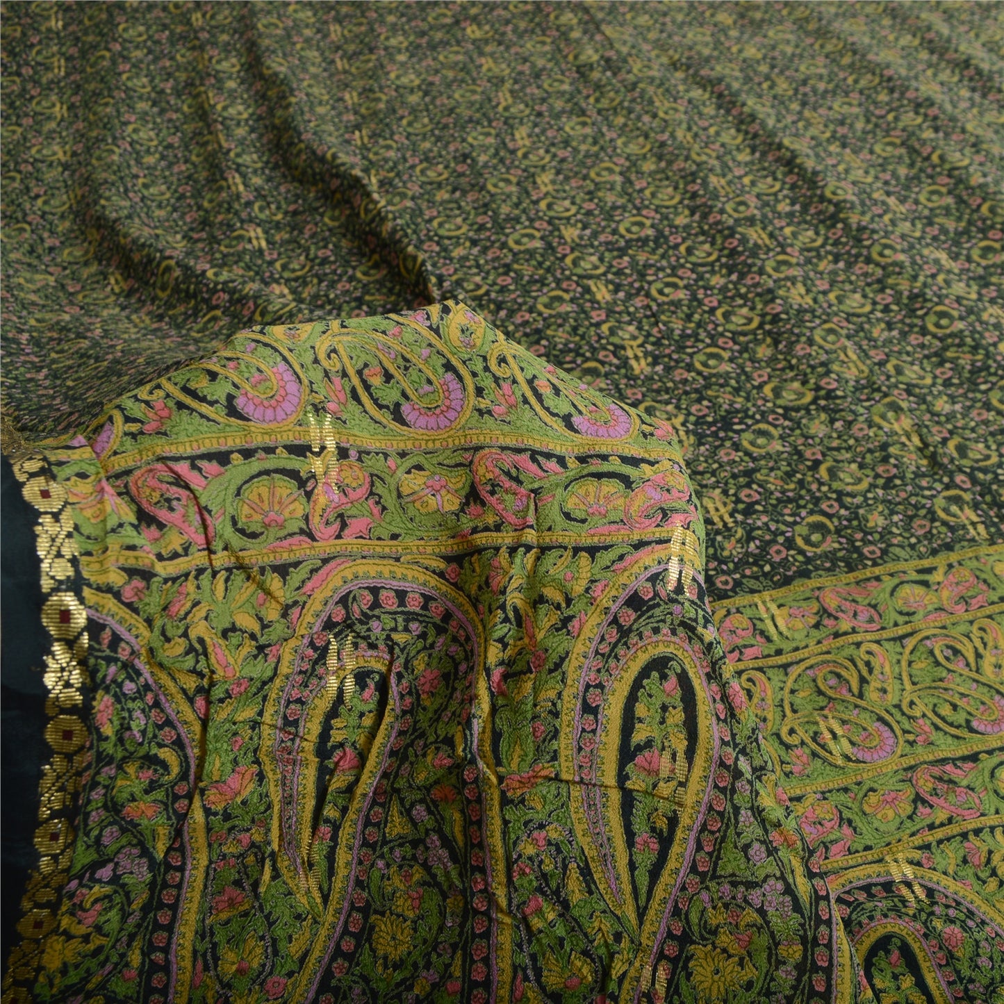 Sanskriti Vintage Sarees Dark Green Pure Georgette Silk Print Sari Craft Sustainable Fabric